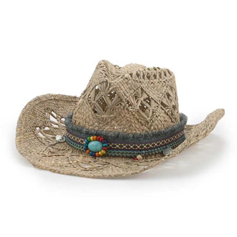 Spring and Summer Handmade Knitted Rolling Brim Cowboy Hat Western Beach Sun Hat Party C Hollow Ethnic Style Jazz Hat W241225
