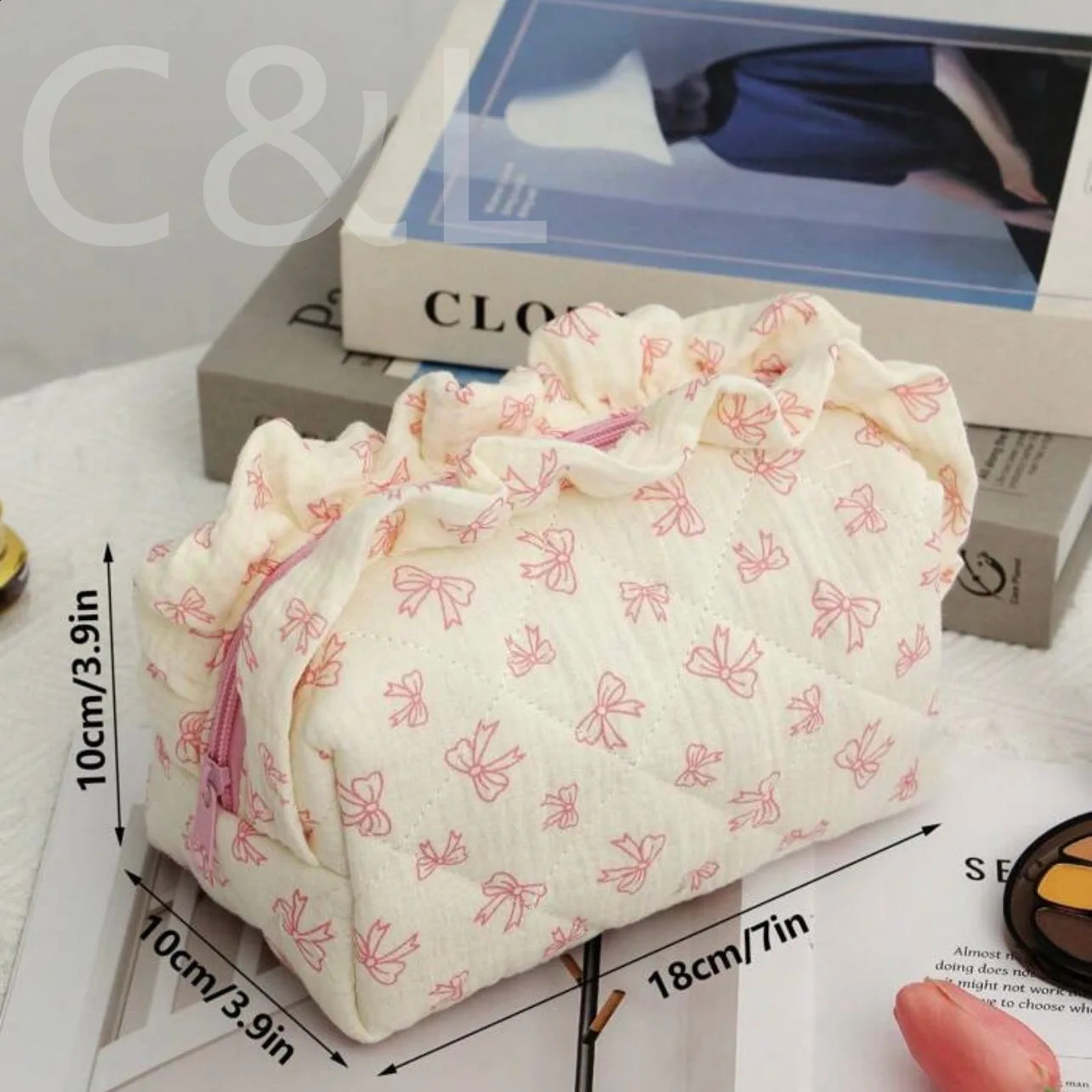 Portable Cotton Makeup Bag Printed Bow Lace Makeup Bag Thickened Travel Cherry Storage Bag Pink Floral 241226