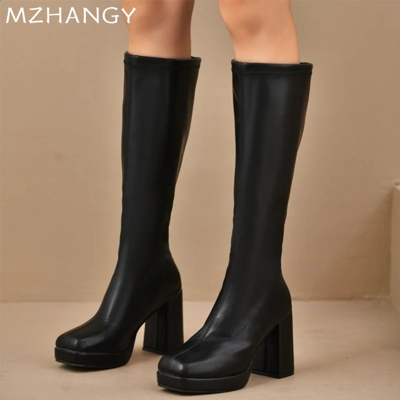 Women Square Toe Leather High Boots Knee High Heels Shoes Woman 2025 Trend Elegant Winter Pumps Motorcycle Boots Mujer 241226
