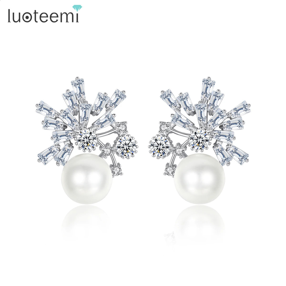 LUOTEEMI Korean Fashion Stud Earrings for Women Simulated-pearl Wedding Bride Party Shiny CZ Gold Color Jewelry Christmas Gift 241226