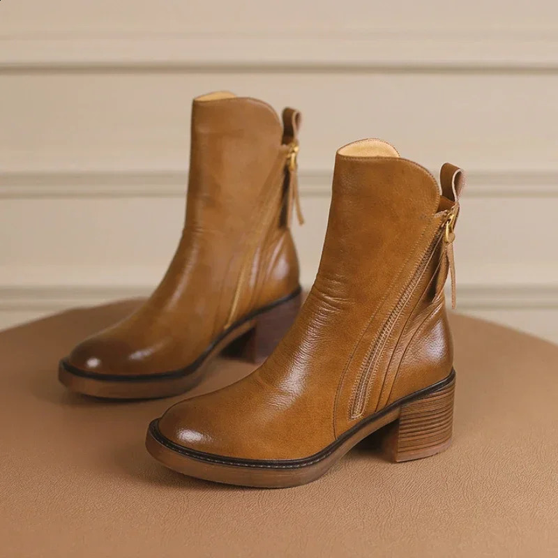 Womens Platform Chelsea Boots Round Toe Chunky Heel Women Brown Ankle Boots Outdoor High Heel Leather Boots 241226