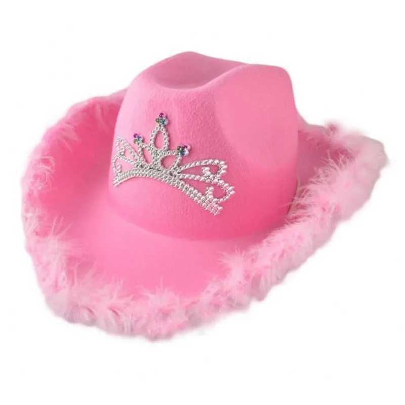 Pink Crown Western Cowboy Hat Womens Headwear Feather Felt Glitter Cowboy Girl C Costume Party Jazz CS Halloween Role Playing Props W241225