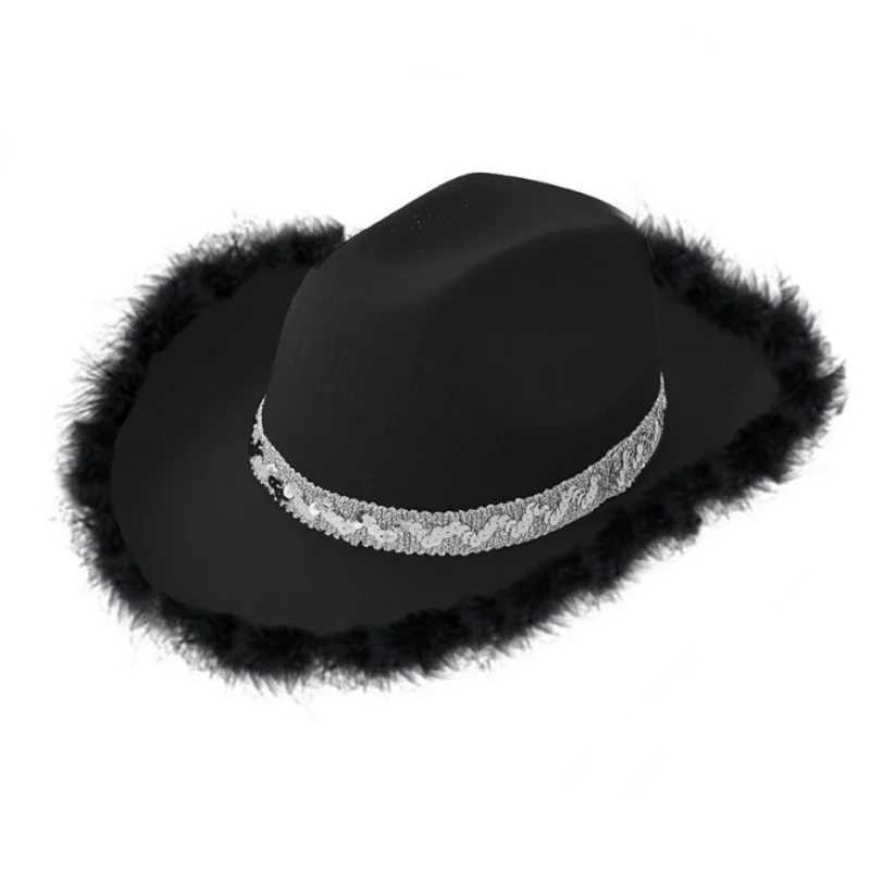 Sequined embroidered womens denim hat fashionable fur cushion wide Brim Panama Cs sun hat denim hat party hat W241225