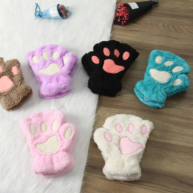 1 Pair Kawaii Cartoon Kids Boy Girl Glove Sweet Animal Cat Paw Halffinger for Children Autumn Winter Warm Thicken 241225