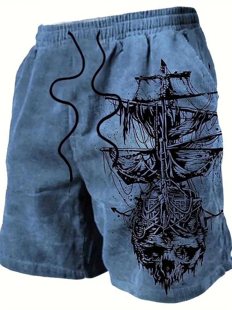 Mens beach pants skeleton pirate ship 3D printing mens summer casual breathable shorts mens clothing Bermuda mens shorts W241226