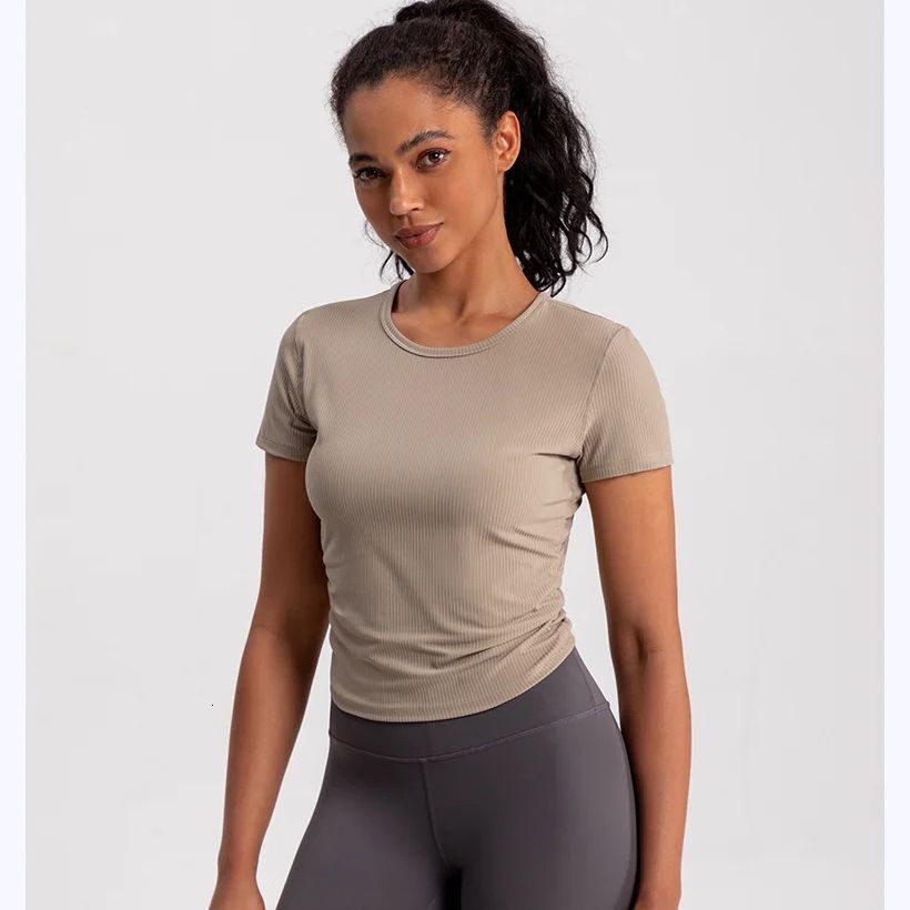 Women Seamless Ribbed Sports Breathable Gym Tops Sport Blouse Shirt Short Sleeve Running T-Shirt Yoga Shirts