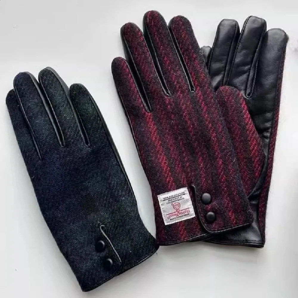 Autumn and Winter Thickened Warm Gloves Couple Harris Tweed Wool Leather Touch Screen Gloves Cycling gloves 241226