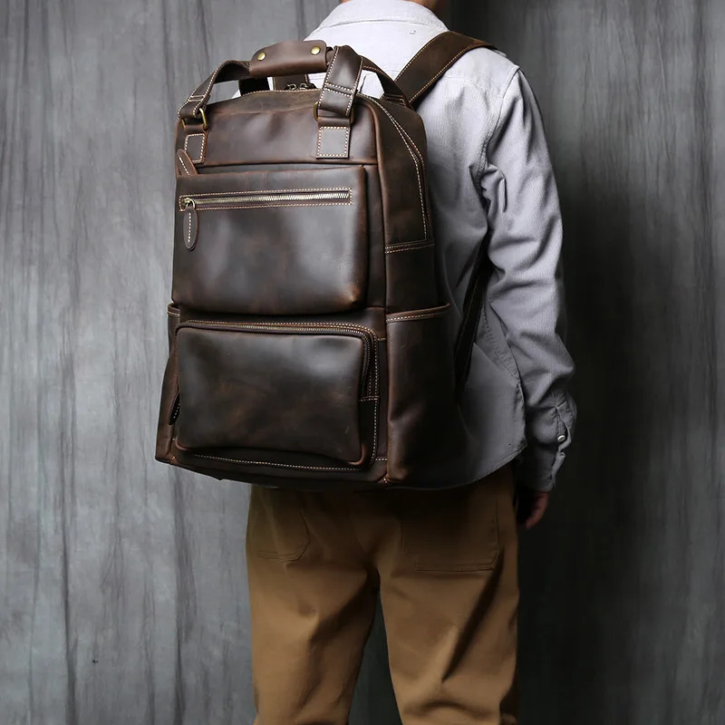 Retro Leather Mens Backpack Top Layer Leather Large Capacity Computer Backpack Crazy Horse Leather Leisure Travel Men Bag NZPJ 241225