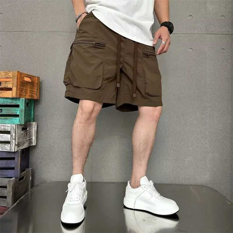 Summer mens shorts casual multi pocket loose sports straight leg cargo shorts mens elastic waist black mens shorts W241226