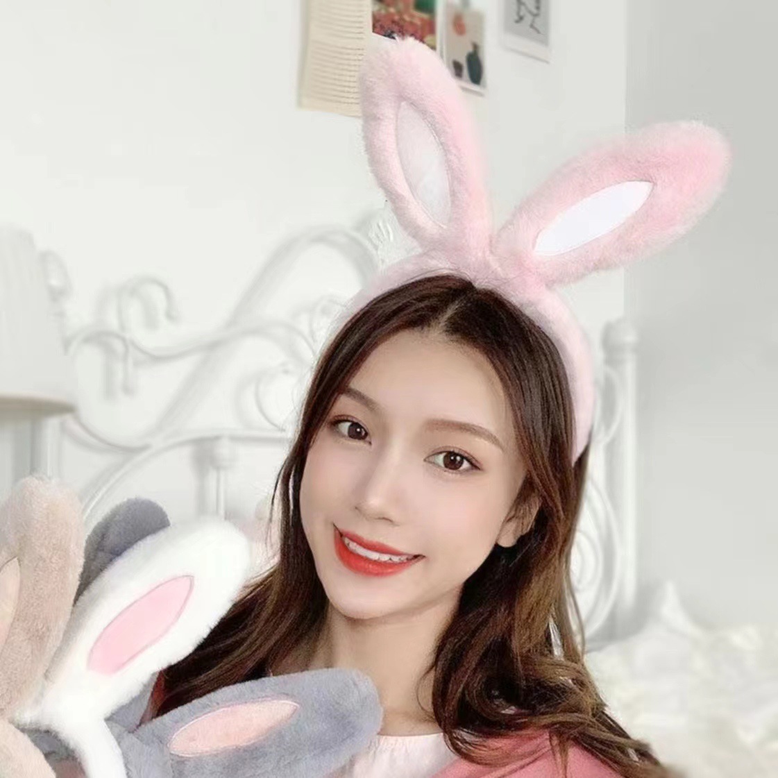 New Korean version cute plush rabbit ear headband female cartoon super cute and versatile bunny face wash makeup headband hair accessory