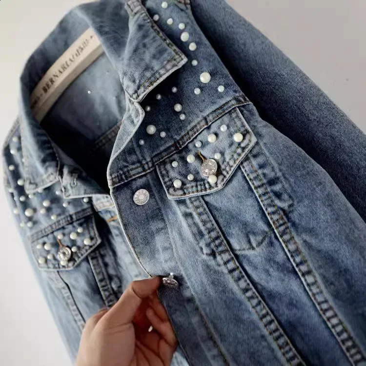 Womens European Style Denim Jacket Plus Size Loose Fit Beaded Embellishment Diamond Overcoat Student Cross-Border Jacket 241223
