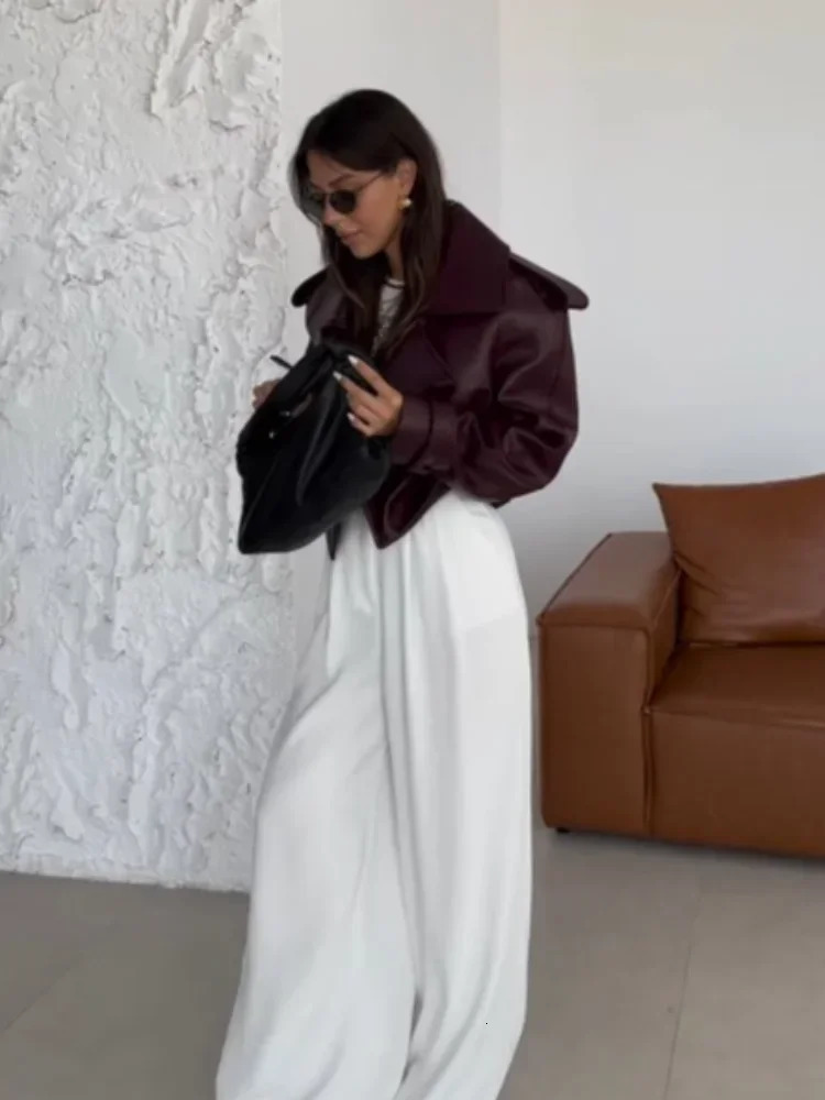 Womens Red Pu Leather Burgundy Solid Lapel Cropped Jacket Female Pockets Long Sleeves Short Coat Lady Autumn Streetwear 241225