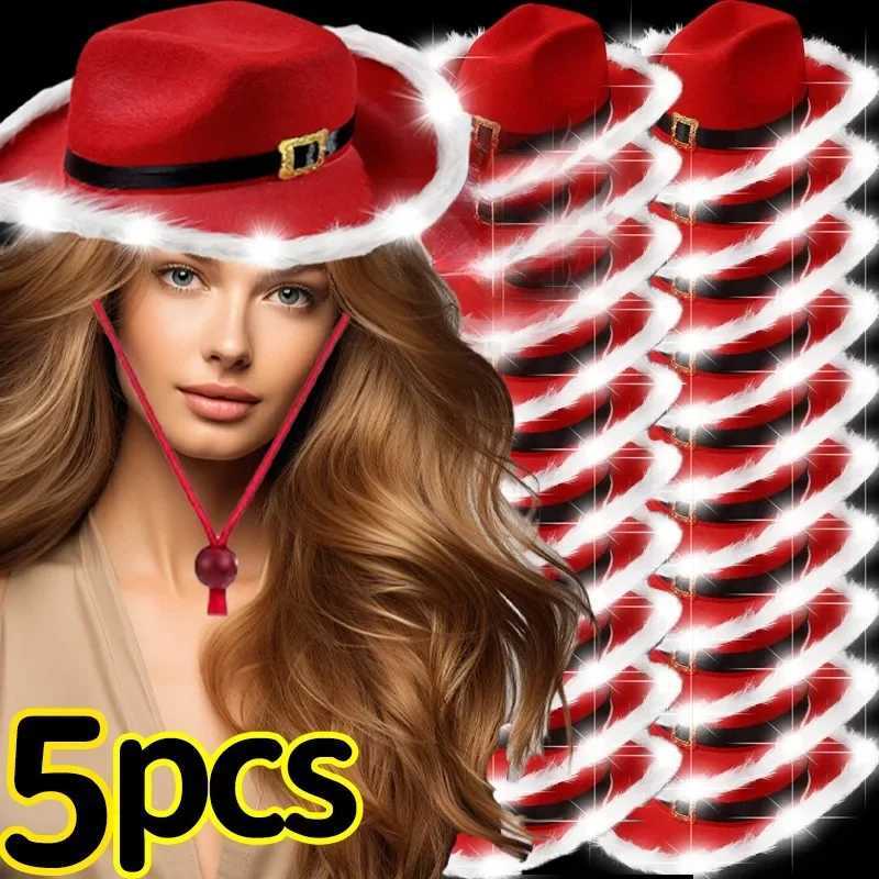 1/5 piece luminous Christmas cowboy hat for womens fashionable Santa Claus party C LED non-woven plush cloth New Years jazz hat W241225