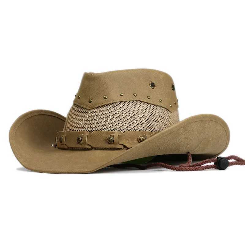 Unisex womens retro breathable mesh leather roll width Brim Sunscreen C beach denim cowboy girl western warm hat 58-60cm W241225