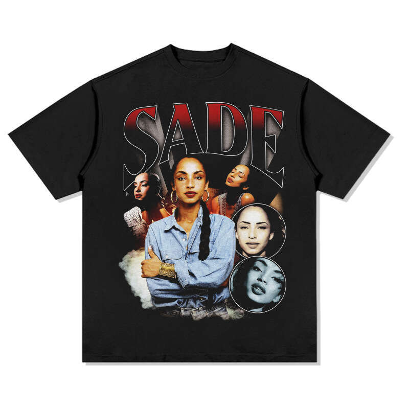 Hip Hop Sade Printed Short Sleeve T-shirt Made of Pure Cotton Loose Vintage Round Neck with Small Neckline