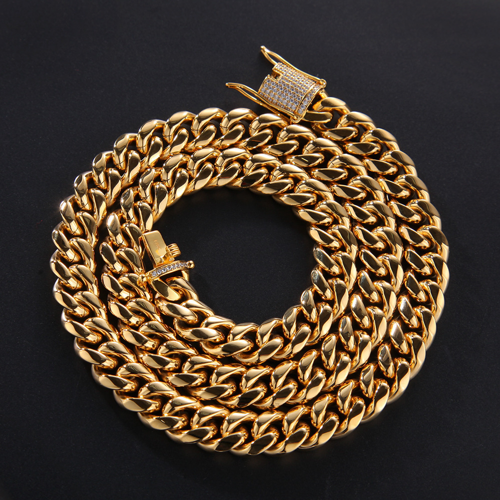 Hip Hop Micro Inlaid Cubic Zirconia Stainless Steel Curb Chain Color Preserving Electroplating 18k Gold Cuban Chain Necklace Bracelet Pulsera Hombre