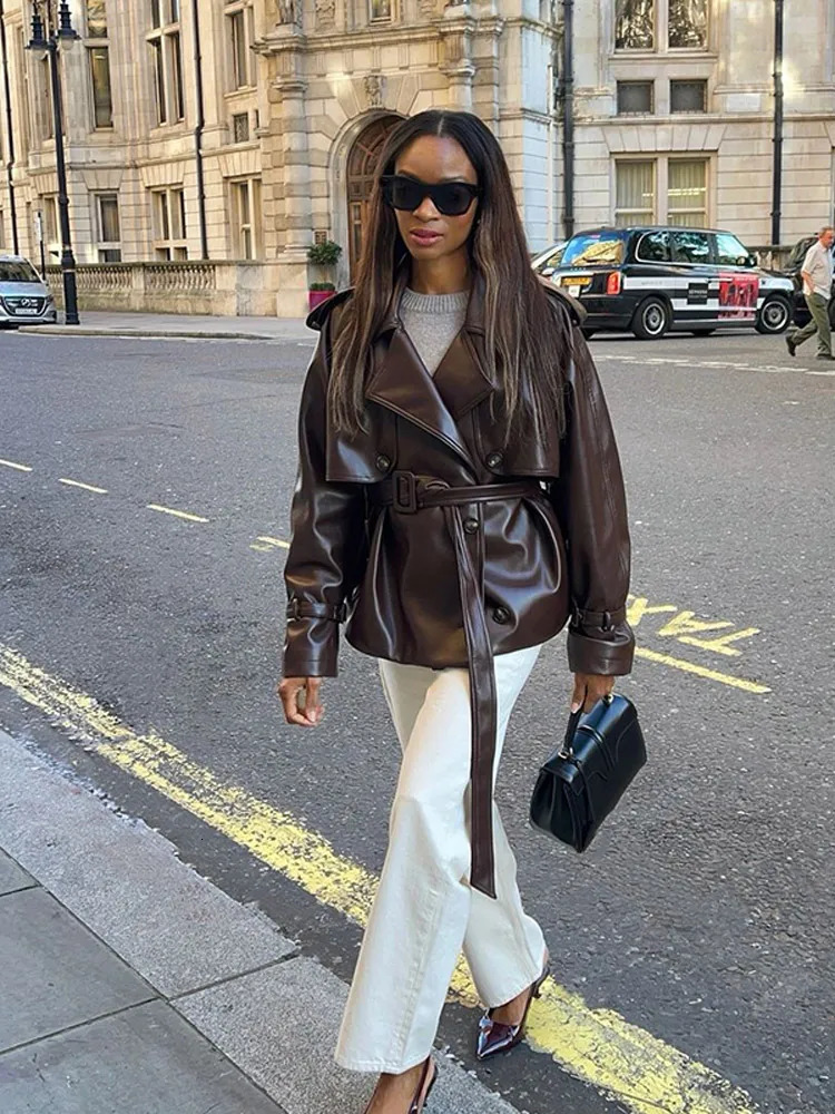 Retro Deep Brown Lace Up Lapel Leather Jacket Women Chic Long Sleeve Button Pocket Slim Coat Lady Winter High Street Outwear 241225
