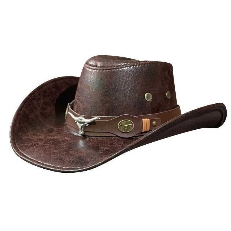 Retro Western Cowboy Hat with Cowhead and Rivet Fedora Hat for Men Outdoor Travel Wide Brown Artificial Leather Cowboy Girl Sun Cs W241225