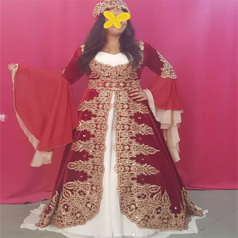 Luxury Red Moroccan Evening Dress 2025 Middle East Abaya Turkish Muslim Prom Dress Lace Formal Occasion Party Gown Vintage Long Sleeve Appliques Engag