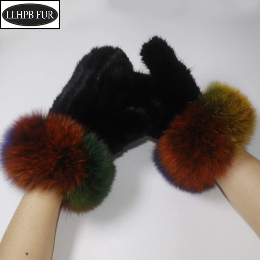 Winter Women 100% Real Mink Fur Gloves With Fox Fur Cuff Warm Natutal Fur Glove Female Thick Knit Real Mink Fur Mittens 241226