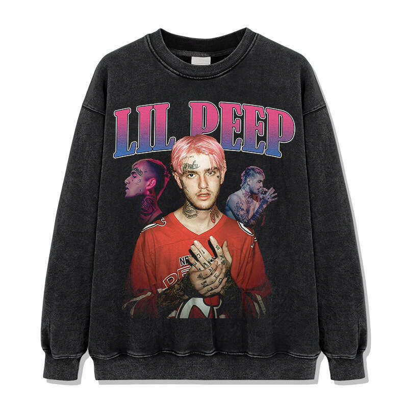 Hip hop lil peek printed high street short sleeved T-shirt vintage washed pure cotton round neck hooded sweatshirt