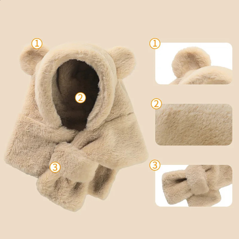 Winter Baby Hat Scarf OnePiece Faux Fur Kids Hats Cartoon Bear Warm Neck Ear Cap for Boys Girls Windproof Beanies Infant Stuffs 241225