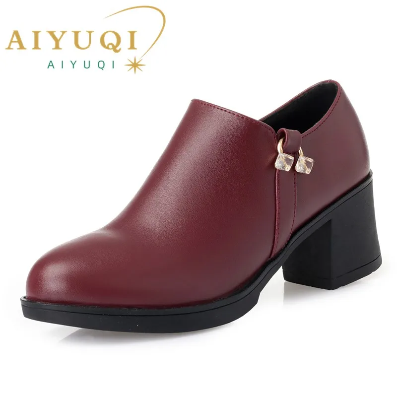 AIYUQI Spring Shoes Women High Heel Genuine Leather Round Toe Rhinestone Women Daily Shoes Fashion Ladies Dress Shoes