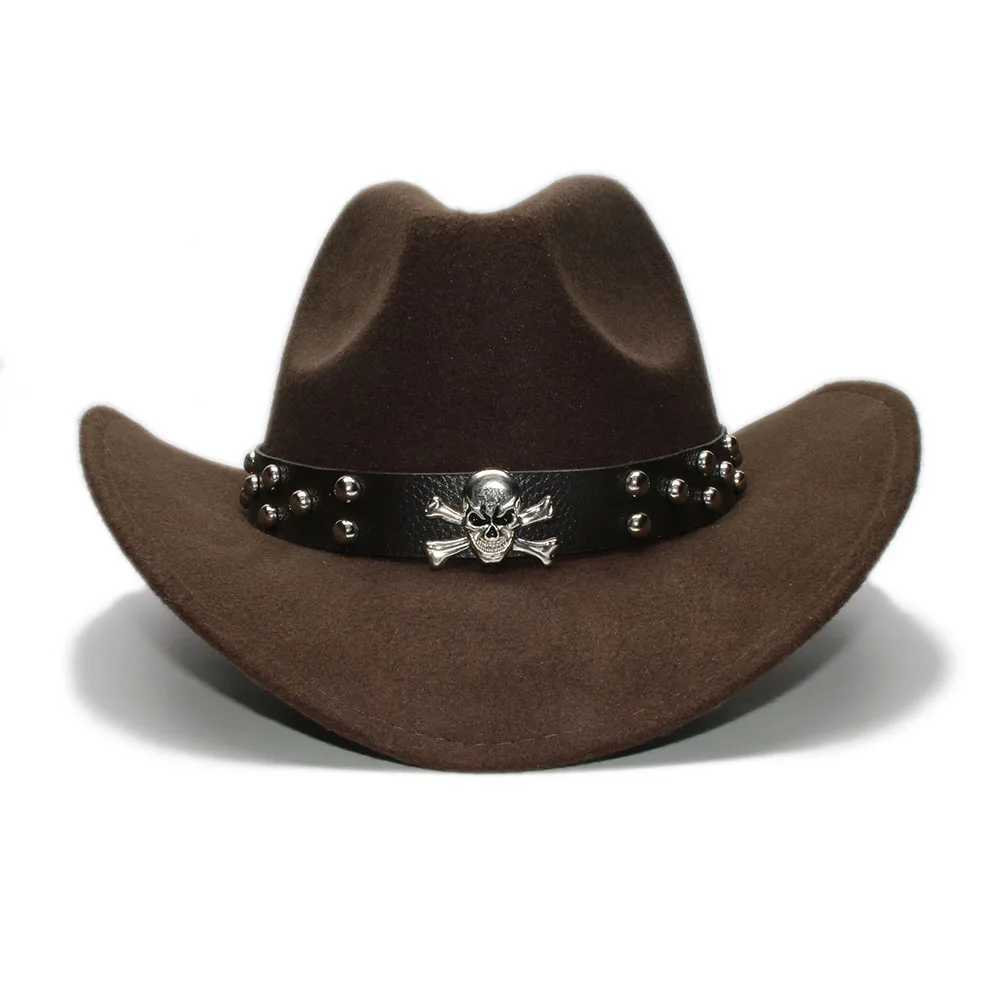 Retro Womens Wool Wide Brim Cowboy Western Cowboy Female Bowling Hat Fedora C Skull Leather Band (54/57/61CM) W241225
