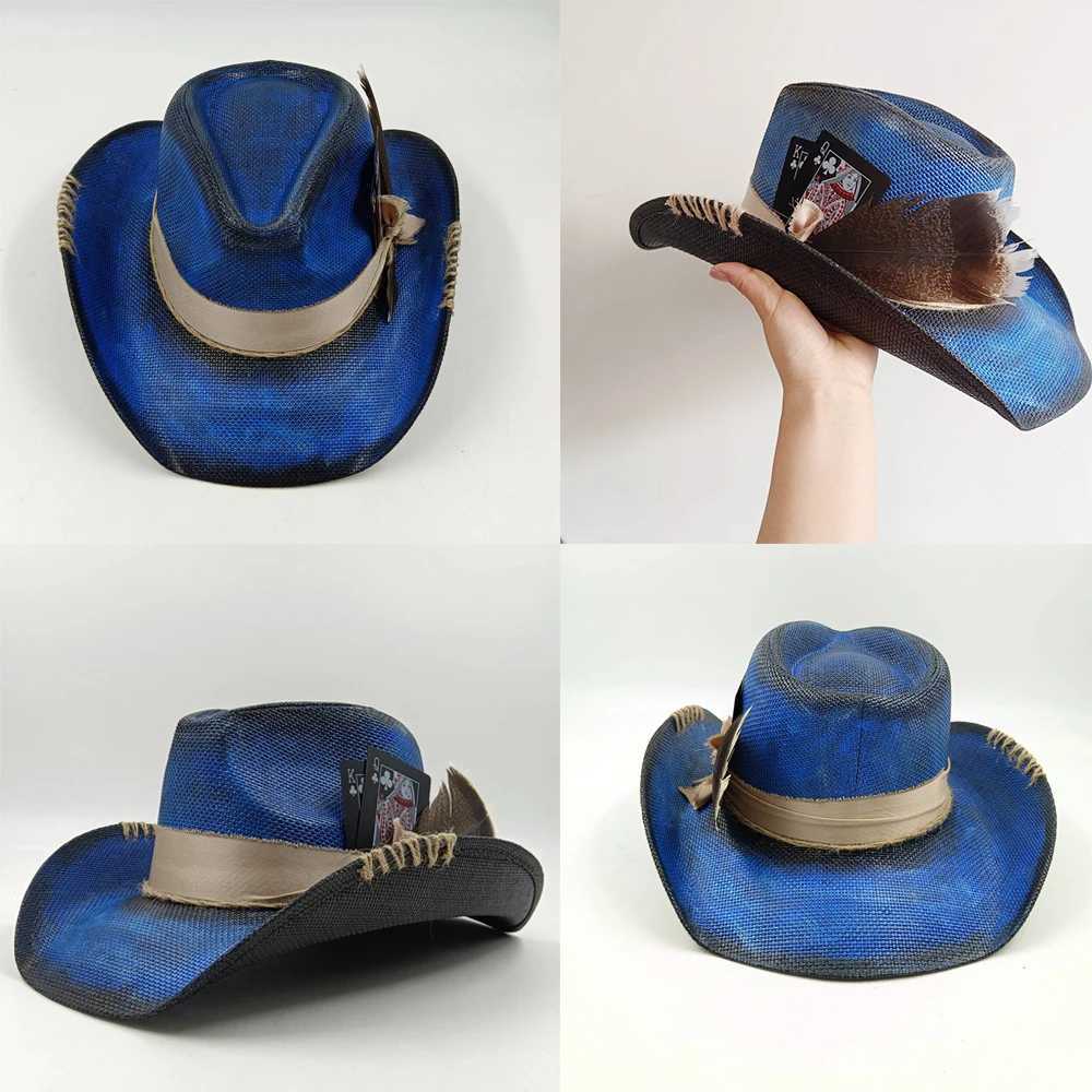 Cowboy hat summer Str hat unisex denim hat blue painted jazz denim hat wide brown party denim hat W241225