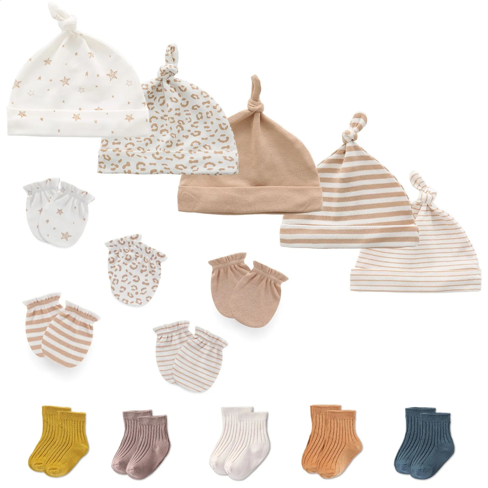 15Pieces born Baby Boy Girl HatsGlovesSocks Sets Print 100%Cotton Headwear Solid Color 06M Infant Supplies Accessories 241225