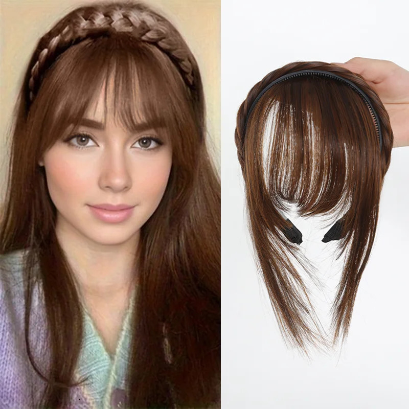 XNaira Womens Synthetic Twist Braid Headband With Bangs Short Straight Synthetic Hair Bangs With Hair Hoop Hair Accessories 241225