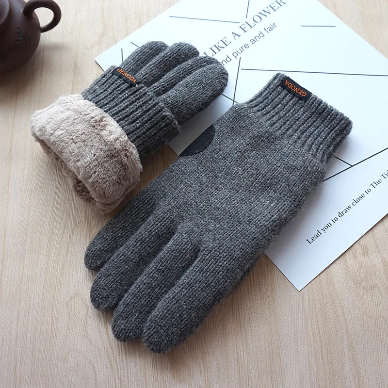 Men Gloves Fashion Male Double thickened pure Wool Knitted Warm Gloves Touch Outdoor Winter Warm Driving Gloves 241226