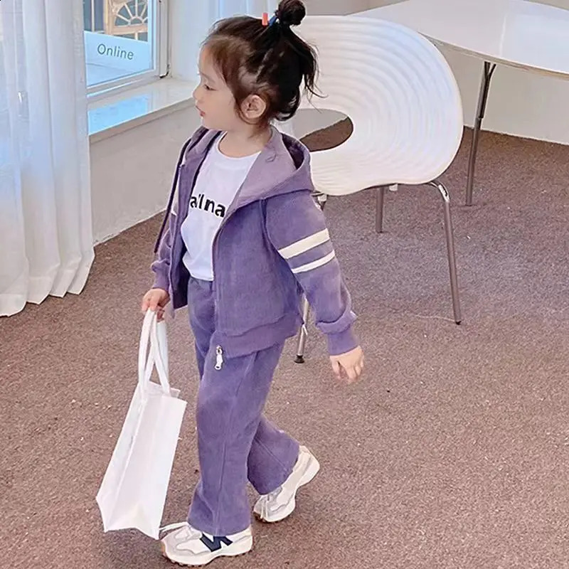 Kids Hooded Set Childrens Cute Fashion Casual Suit Autumn Girls Solid Color Tops Sweatpants Two Pieces 310 Years Old 241225