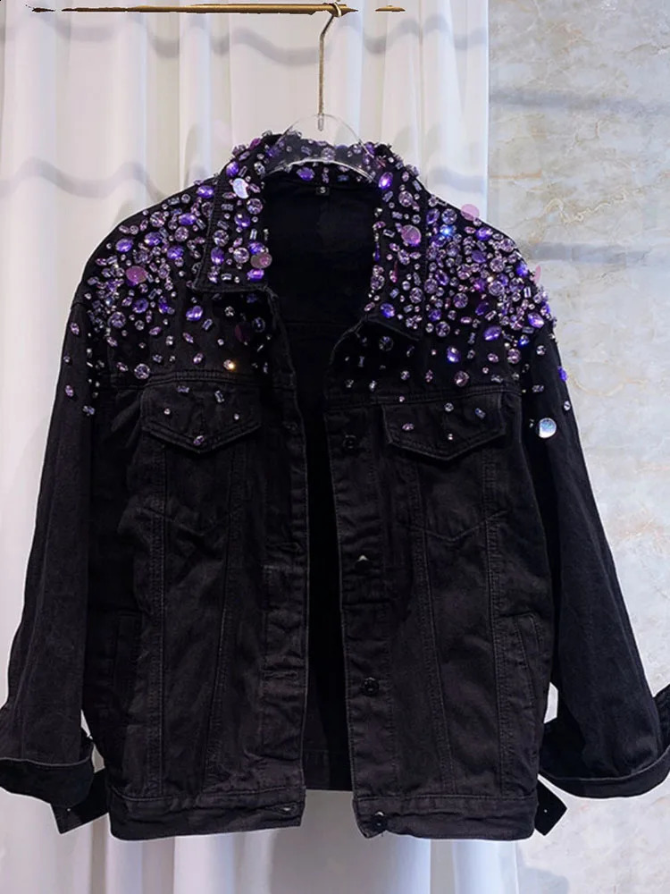 Studded Black Denim Jacket Woman Fashion Model Heavy Industry Rhinestone Beaded Sequins Street Diamond Jean Coat 241223