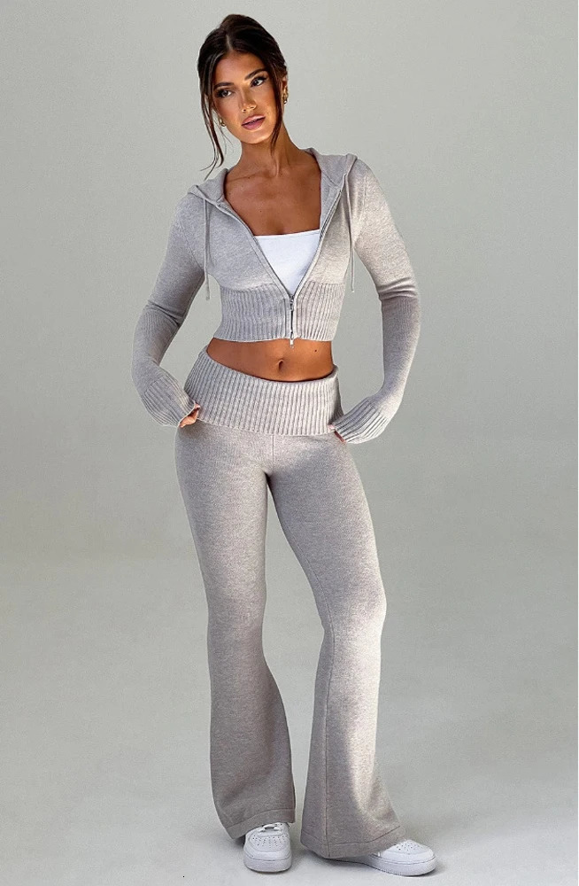 Fitted Knit Hooded Zip Jacket and Flared Pants Set Outfit Women Autumn Loungewear Sexy Elegant Pink 2 Two Piece Lounge Sets 241225