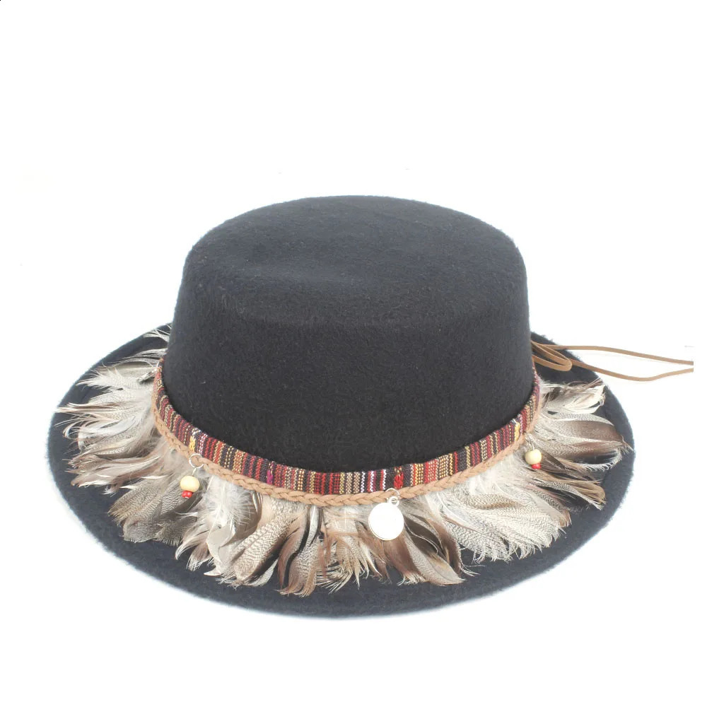 Unisex Men Women Fashion Flat Top Fedora Hat With Feather Birthday Party Hat Trilby Jazz Hat Adult Hat Size 56-58CM 241226