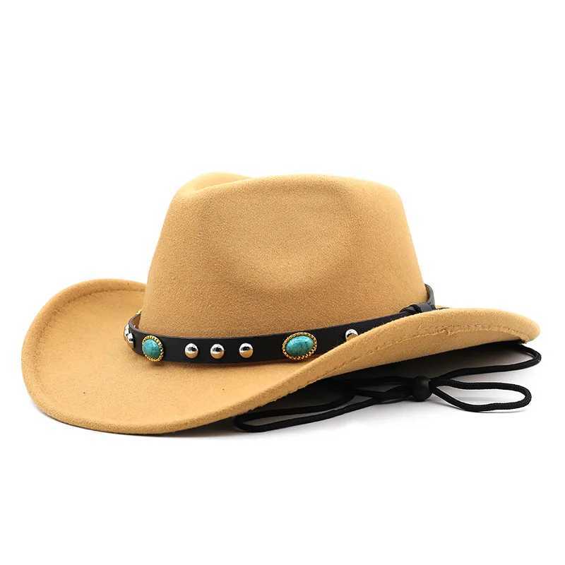 Windproof rope gemstone strap Western cowboy hat mens fashion Fedora top hat ethnic style cowboy girl Felt C outdoor sun hat W241225