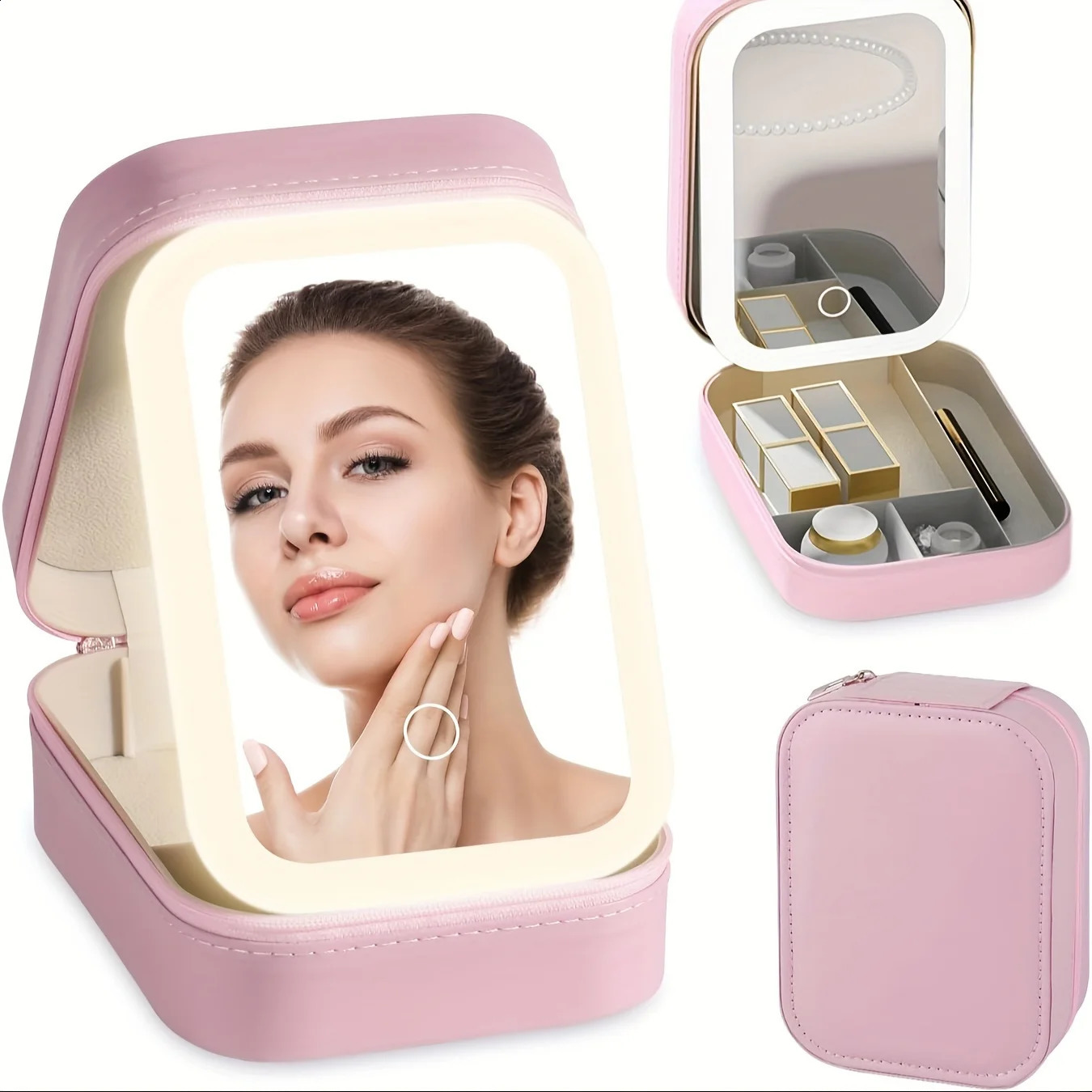 Makeup Bag With Mirror LED Travel Makeup Case Make Up Bag Light Up Mirror Adjustable 3 Color Rechargeable Jewelry Box Organizer 241226