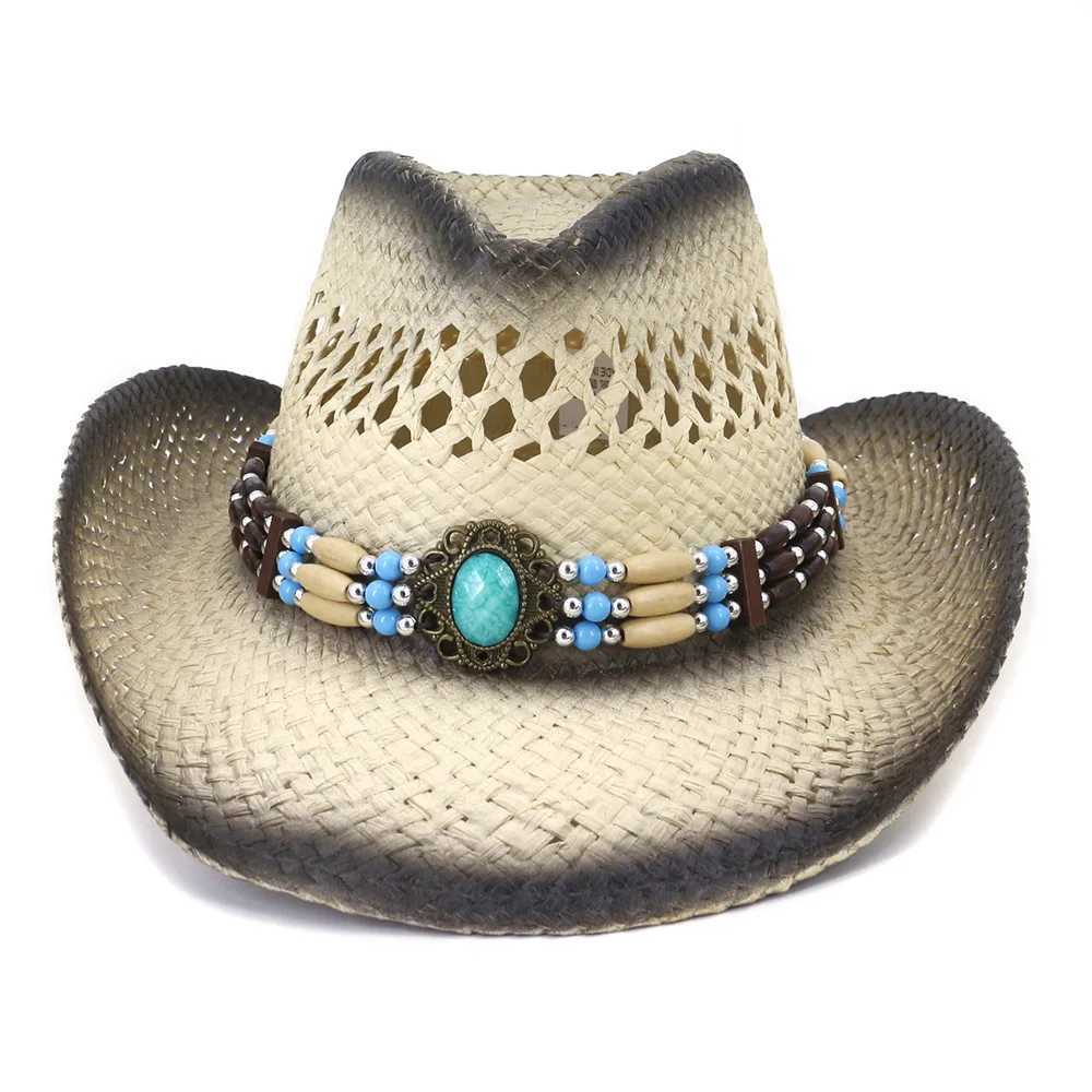QBHAT brown spray painted regular per Str denim hat with ethnic hat decorated mens wide brown beach sun hat W241225