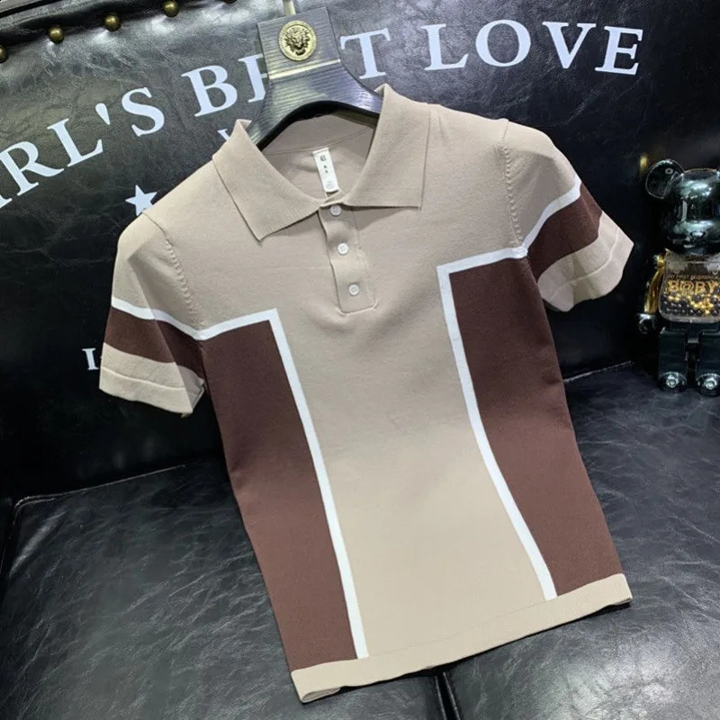 Summer Mens Colorblock Ice Silk Striped Short-sleeved Polo Shirt Mens High-end Slim-fit Summer Thin T-shirt 241224