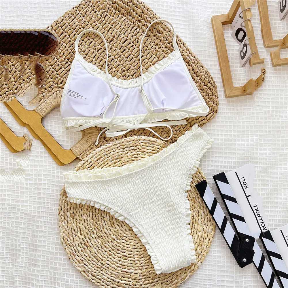 Sexy ruffled edge white high waisted bikini set swimsuit 2024 ruffled edge swimsuit womens swimsuit bead Bandeau bikini unprintedW241225