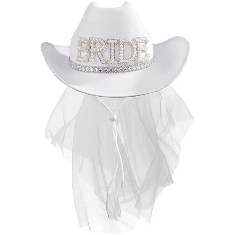Bridal Pearl Veil Cowboy Hat Country West Space Disco Bridal Cowboy Girl C Wedding Singles Party Shower Decoration Gift W241225