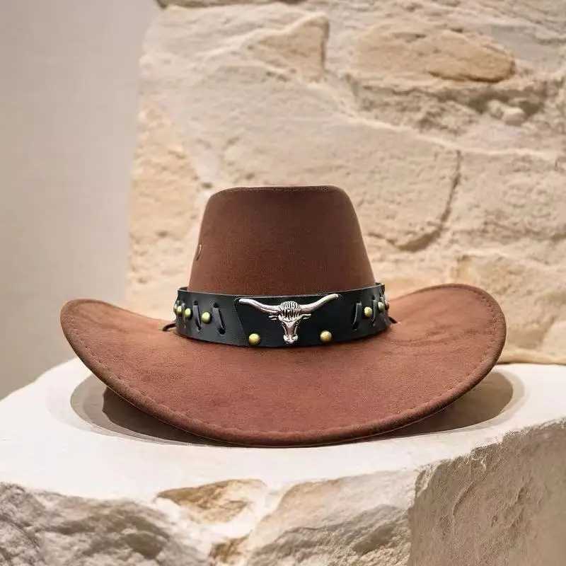 Artificial suede western cowboy hat wide brown retro big edge gentleman cowboy girl brown jazz hat holiday party role-playing hat W241225
