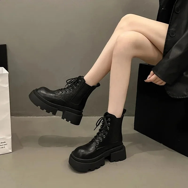 High Quality Ladies Shoes Front Lace-up Womens Boots Fashion Round Toe Office and Career Solid Ankle Bootszapatos 241226