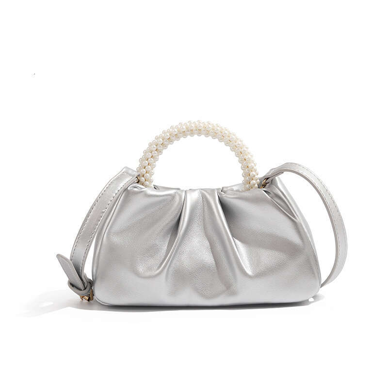 New Trendy Round Pearl Hand-Held Pleated Cloud For Women, Niche Temperament Single Shoulder Crossbody Bag