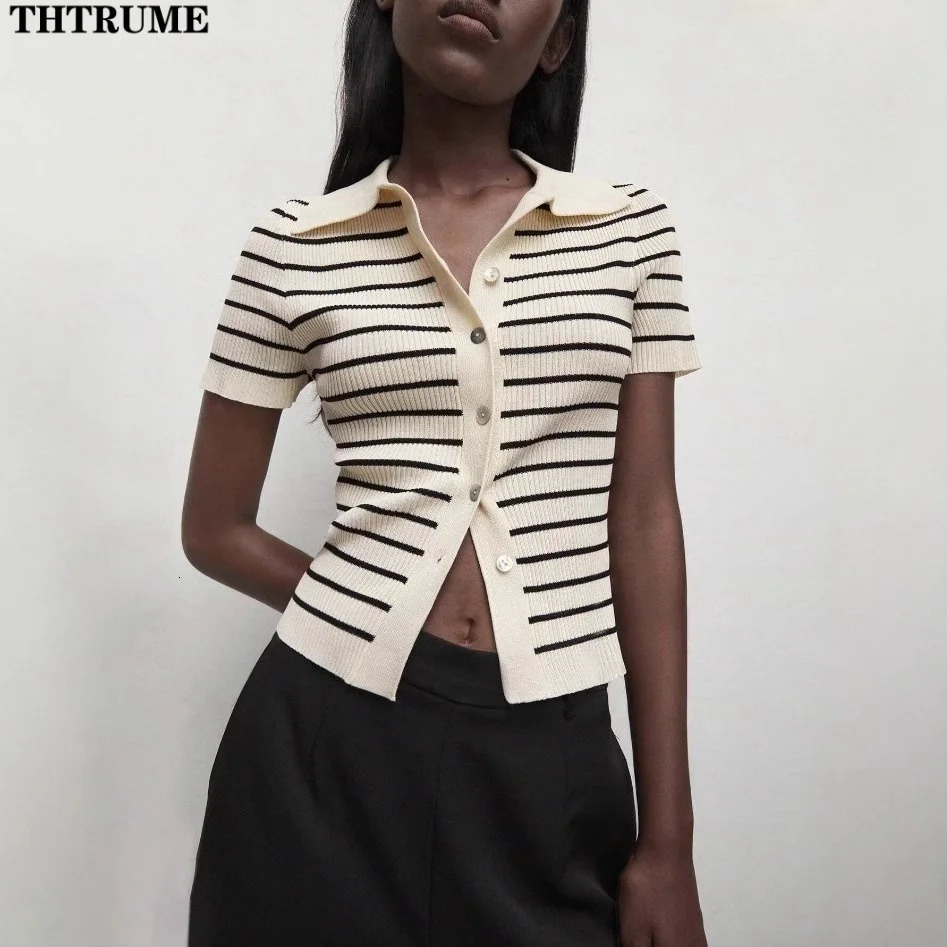 Spring Polo Collar Slim Cardigan Top Fashion Women Short Sleeve Single Breasted Striped Knit Sweaters Coats Casual Cardigans 241225