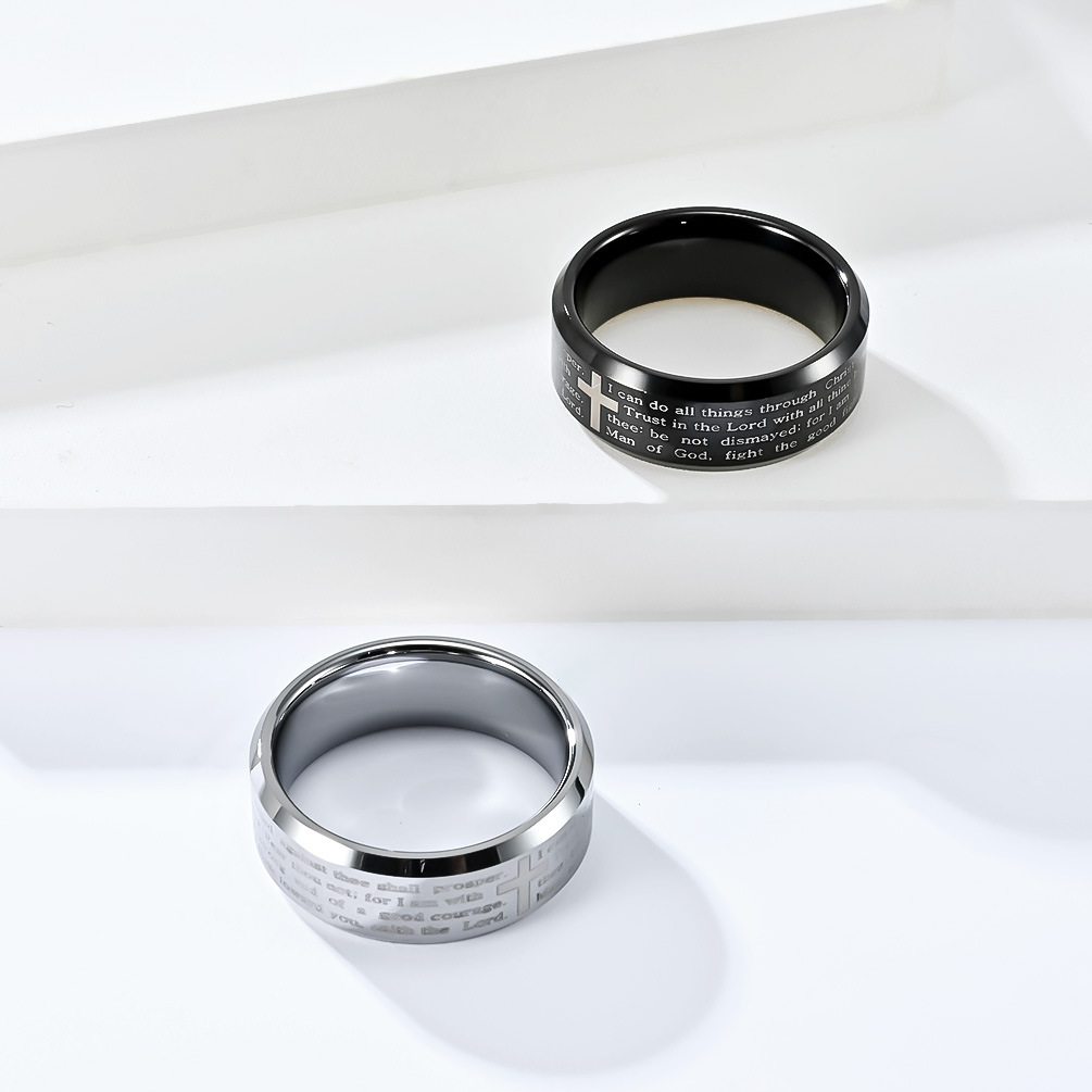 Titanium Steel Engrave Cross Scripture Ring for Men Women Bible Cross Ring Mens Religious Stainless Steel Ring Jesus Tattoo Christianity Cross Letter 