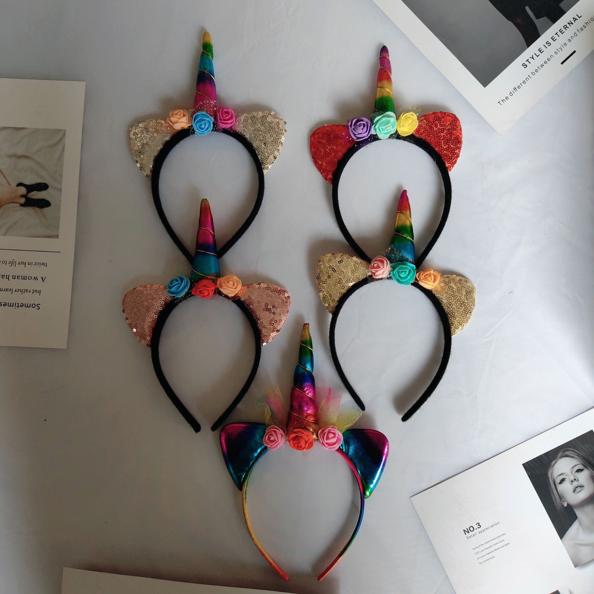 New Cat's ears Steamed cat-ear shaped bread Unicorn Hair Band Popular Mesh Simulated Flower Headband Children's Birthday Party Hair Ornament