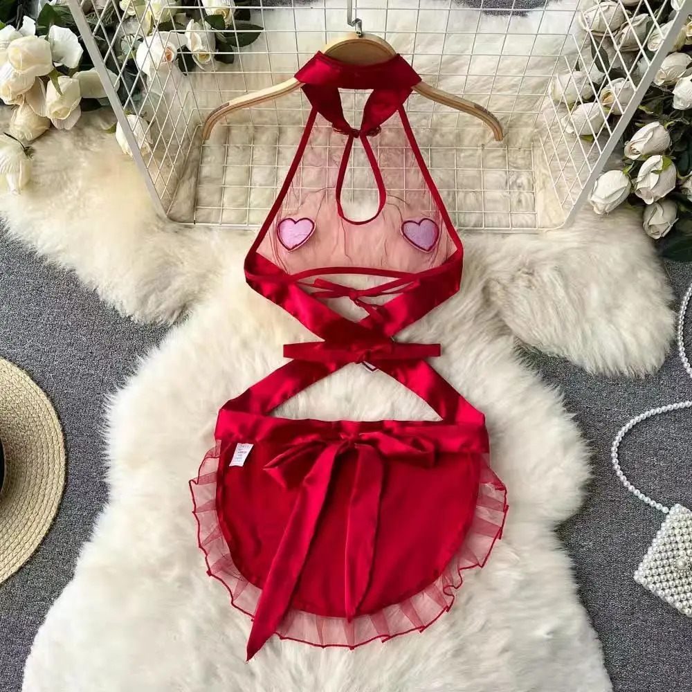 Sexy Hollow Out Pajamas Women Cosplay Servant Tie Backless Neck Hang Set Patchwork Heart-Shaped Red See-through Sweet Dress 241226