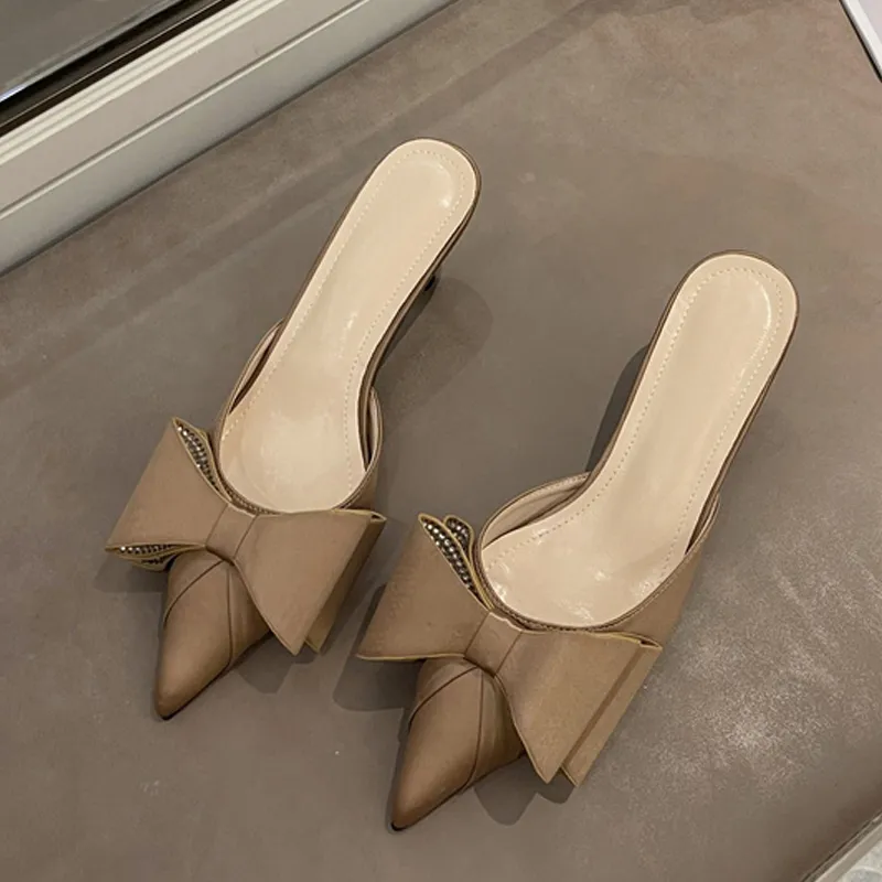 2025 New Liyke 2024 New Fashion Pink Rhie Butterfly-Knot Women Pumps Slippers Sandals Pointed Toe Low Thin Heels Mules Female Shoes